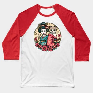 Japanese cat with Geisha Baseball T-Shirt